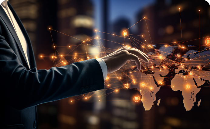 Businessman hand interacting with digital world map and network connections representing currency exchange
