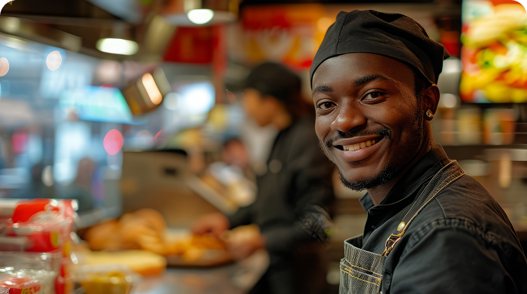 Smiling chef in restaurant kitchen with customers in background representing local business finance