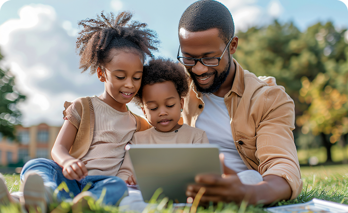 Father and two children using tablet outdoors in park representing funds remittance